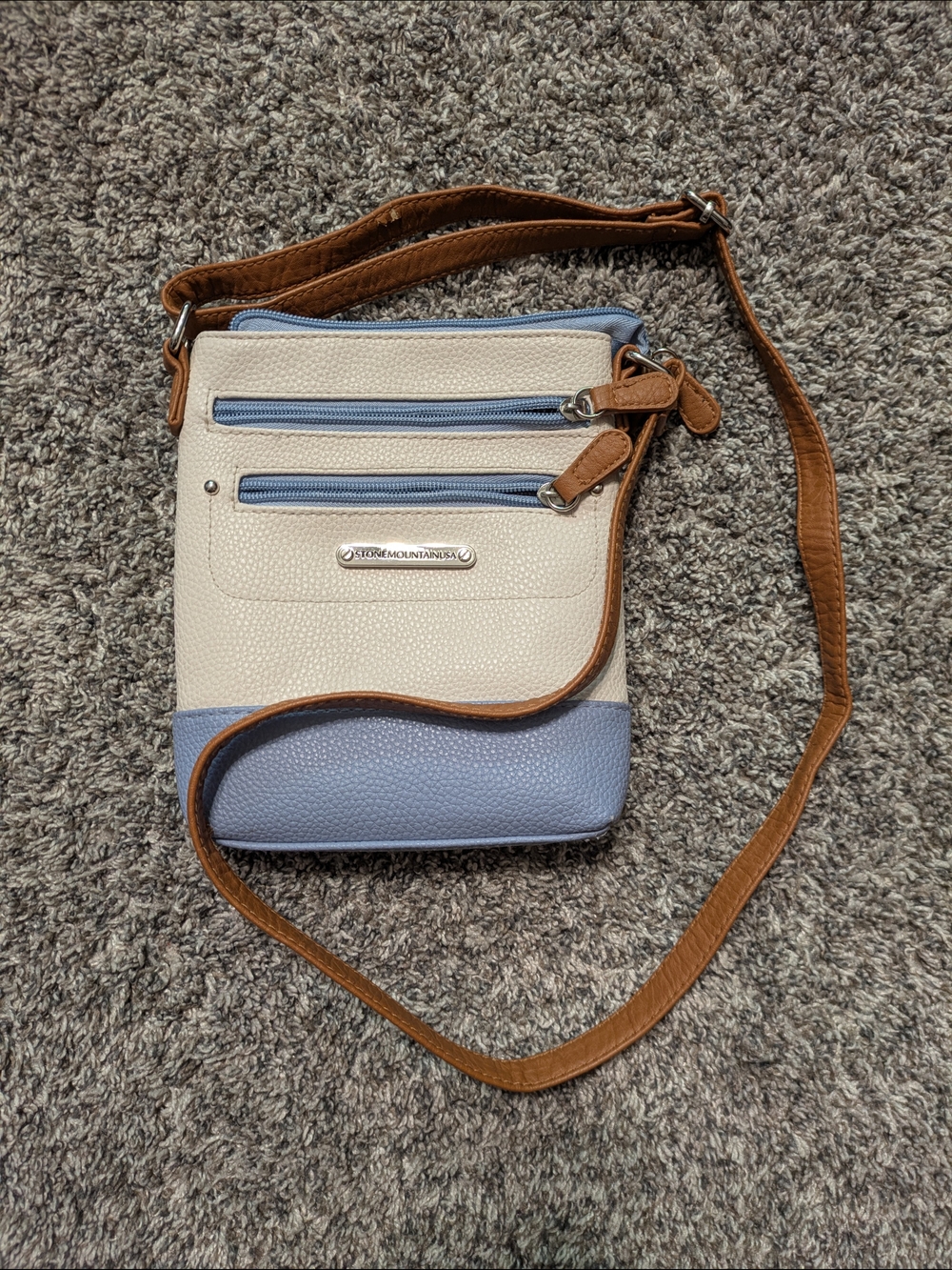 Stone Mountain Accessories Cream and Light Blue Crossbody with Brown Strap